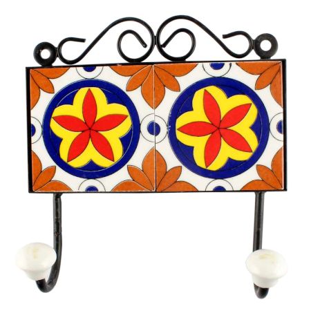Ceramic Floral Tile Wall Hook in Orange